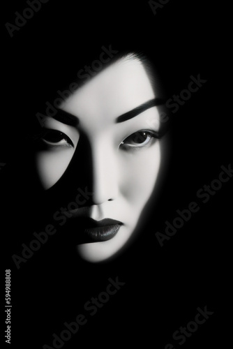 Minimalist black and white portrait of beautiful Chinese woman. Generative AI illustration