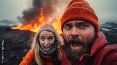 Two reckless tourists taking selfie in front of erupting volcano. Generative Ai illustration photo