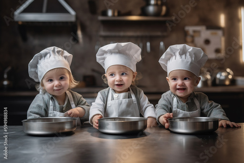 Three  Chef babies playing in the kitchen. Generative AI illustration