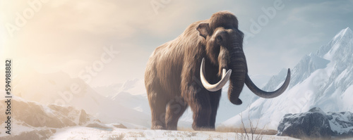 Woolly mammoth roaming the terrains of the ice age earth. Generative AI.