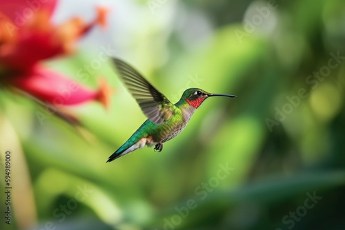 Hummingbird hovering next to blooming flowers. Beautiful hummingbird sucking nectar in flight. AI generated image