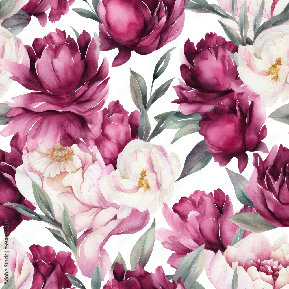 Obraz premium Seamless watercolor pattern with pink burgundy peonies and leaves. Floral pattern for wallpaper or fabric. White background. Botanical tile. Generative AI