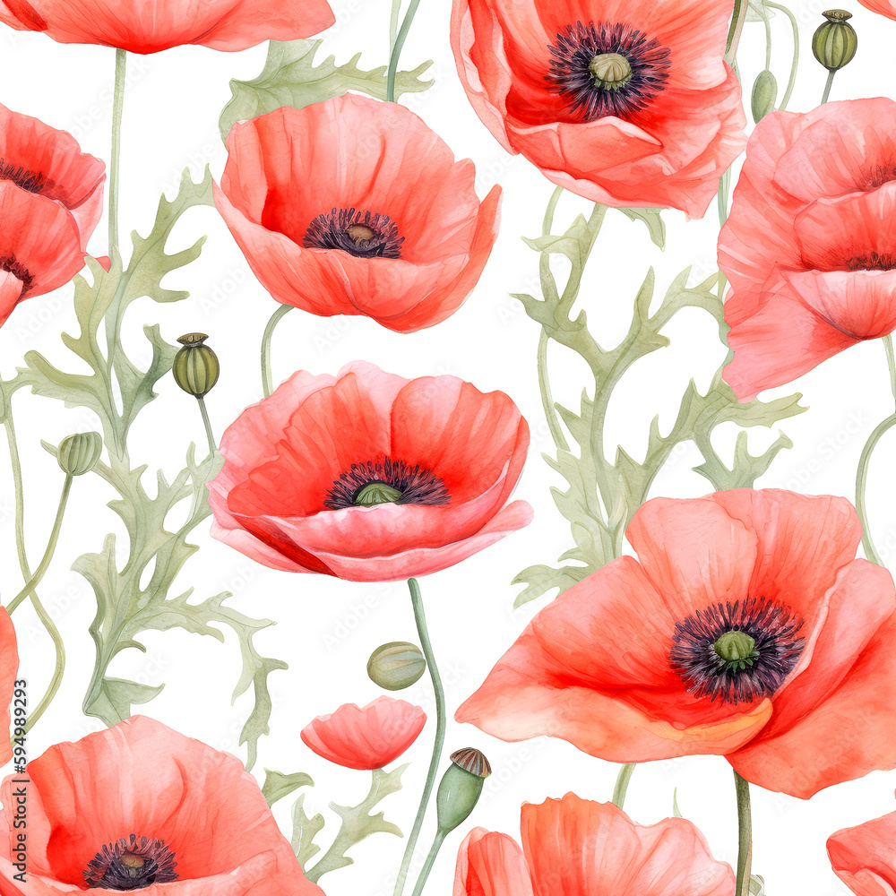 Fototapeta premium Seamless watercolor pattern with red poppies and leaves. Floral pattern for wallpaper or fabric. White background. Botanical tile. Generative AI