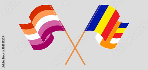 Crossed and waving flags of Lesbian Pride and Buddhism