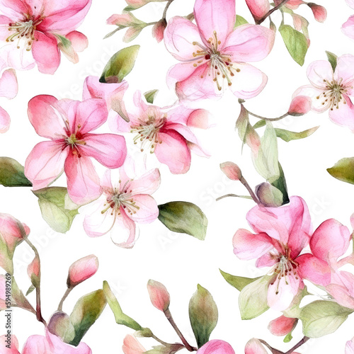 Seamless watercolor pattern with pink apple tree flowers and leaves. Floral pattern for wallpaper or fabric. White background. Botanical tile. Generative AI