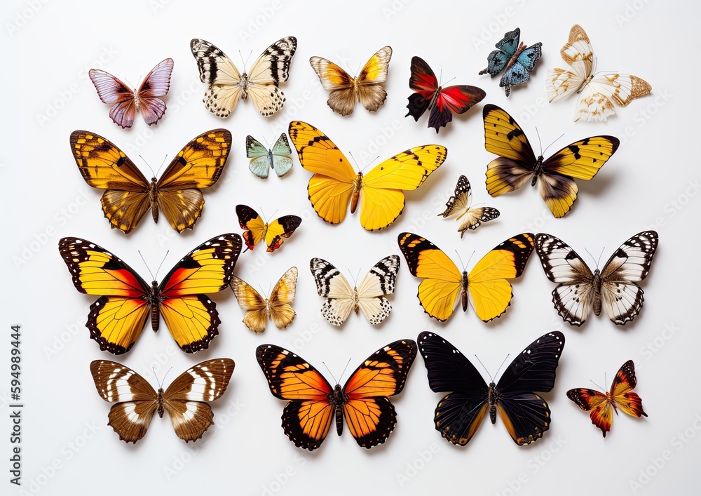 Mixed set of colored and beautiful butterflies on isolated white background. Generative AI Mixed set of colored and beautiful butterflies on isolated white background. Generative AI