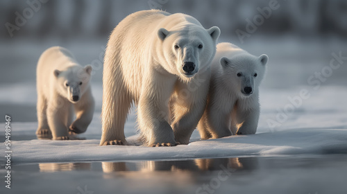 Osa junto oseznos polares caminando entre el hielo y nieve, sobre fondo de paisaje natural helado photo