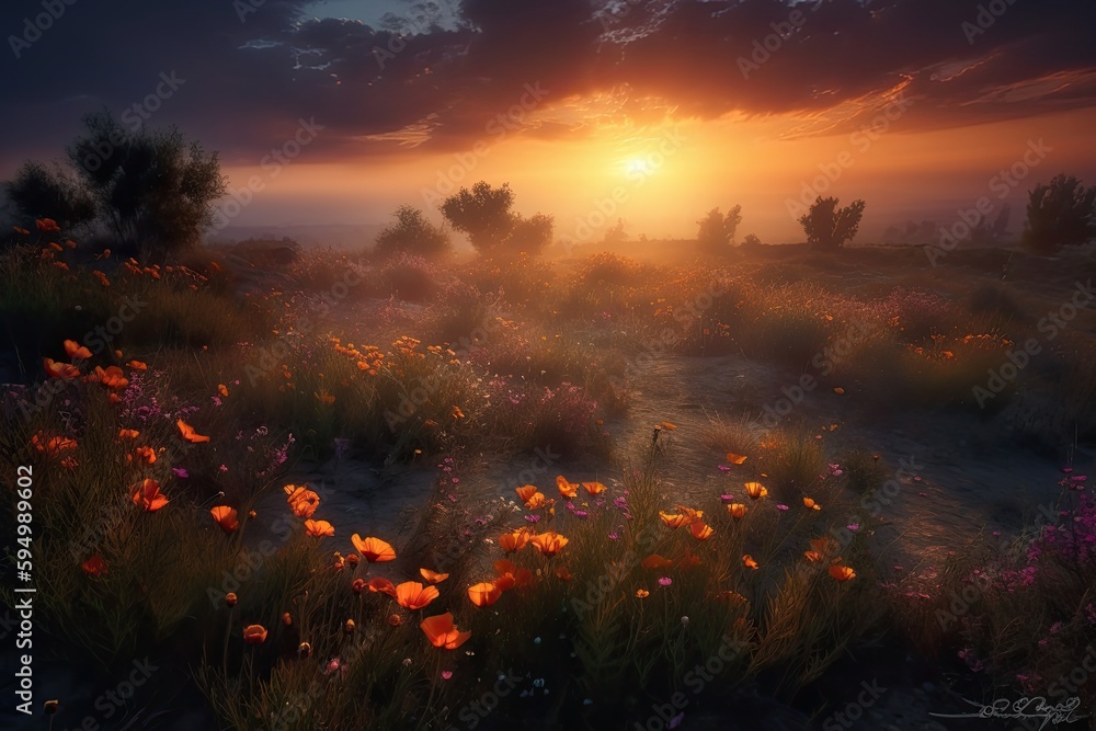 Amazing sunset over a beautiful landscape covered of flowers. Generative AI Amazing sunset over a beautiful landscape covered of flowers. Generative AI