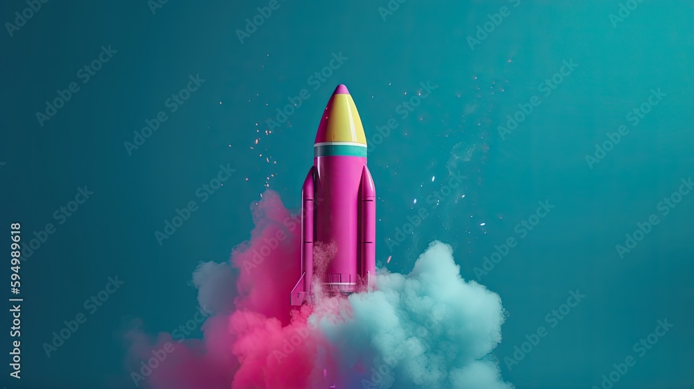 Colorful rocket launch to space with smoke of many colours. Generative AI