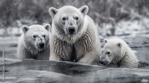 Tres osos polares caminando entre el hielo y nieve, sobre fondo de paisaje helado photo