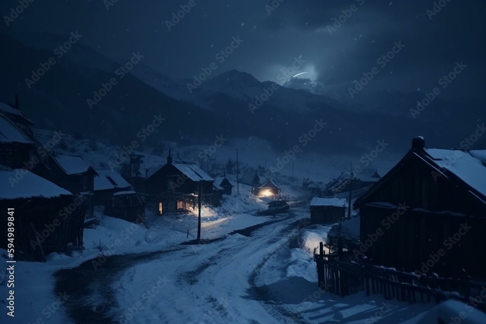 Dark night winter landscape with snowy mountains and houses. Snow storm in the mountains ruined old houses. Gloomy dark night, moonlight blue cold light, frost, fog, wind. Generative AI