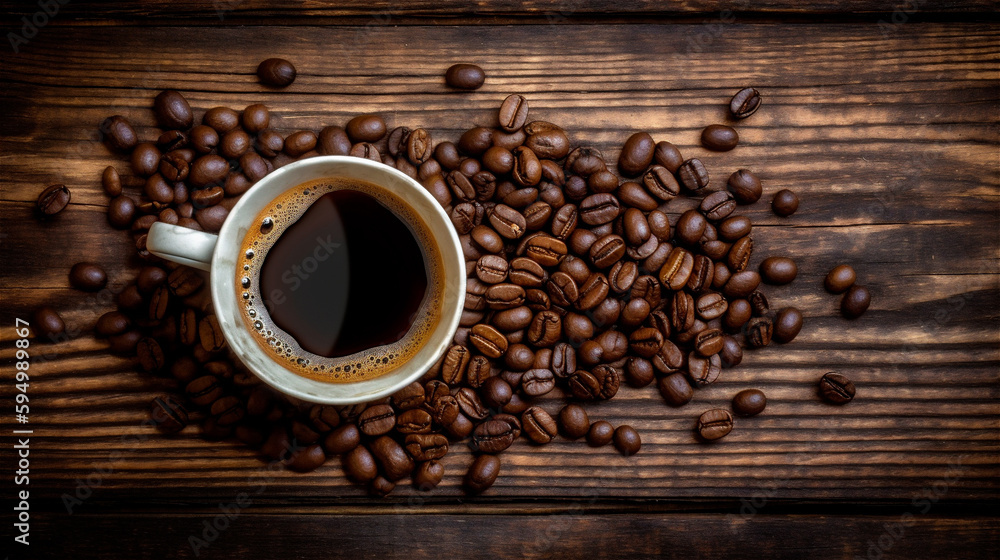 fragrant coffee in a coffee cup with coffee beans, gerenative AI fragrant coffee in a coffee cup with coffee beans, gerenative AI