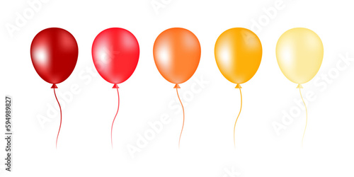 Set of bright colorful inflatable helium balloons in red, orange, yellow colors. Illustration isolated on white background. Vector