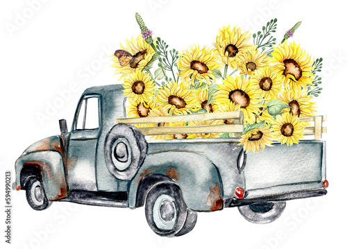 Watercolor composition with sunflowers and farm car in cartoon style.Hand drawn illustration of summer. Perfect for scrapbooking, kids design, wedding invitation,posters, greetings cards.