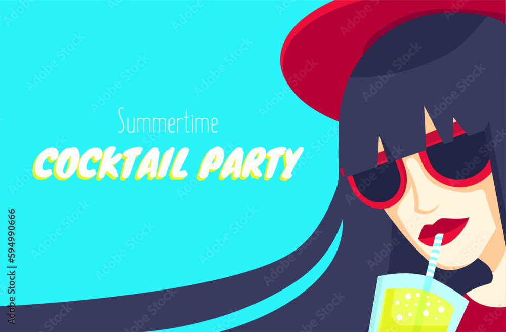 Cocktail party card, invitation, greeting, summertime leisure activity announce with cool women drinking cold lemonade. Cocktail party card, invitation, greeting, summertime leisure activity announce with cool women drinking cold lemonade.