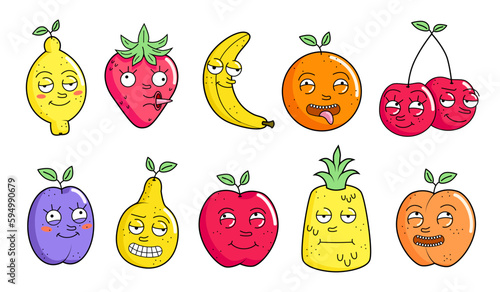 Set of funny summer crazy fruits as cartoon characters with facial expressions.