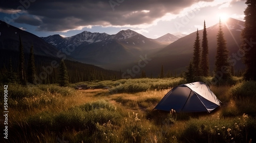 A lonely camping tent in the middle of a breathtaking mountain world, gerenative AI