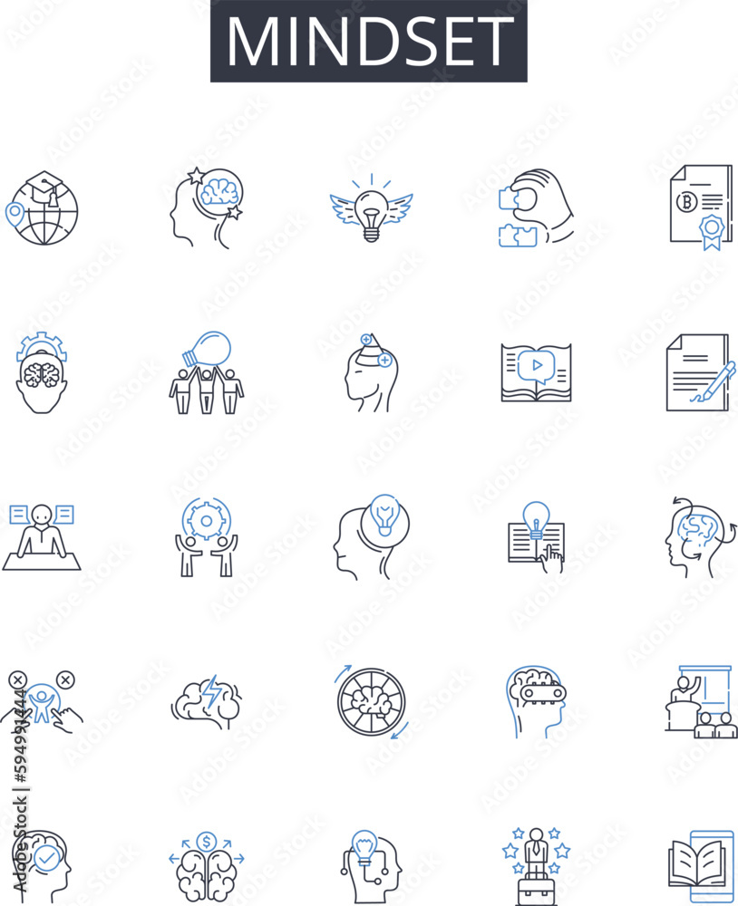 Mindset line icons collection. Attitude, Perspective, Outlook, Philosophy, Belief system, Mentality, Worldview vector and linear illustration. Approach,Frame of mind,State of mind outline signs set Mindset line icons collection. Attitude, Perspective, Outlook, Philosophy, Belief system, Mentality, Worldview vector and linear illustration. Approach,Frame of mind,State of mind outline signs set