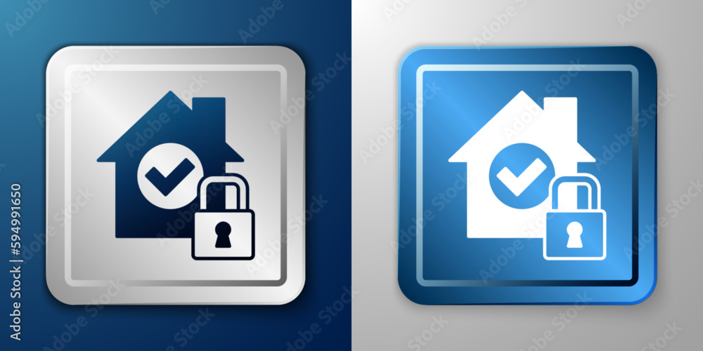 White House under protection icon isolated on blue and grey background. Home and lock. Protection, safety, security, protect, defense concept. Silver and blue square button. Vector White House under protection icon isolated on blue and grey background. Home and lock. Protection, safety, security, protect, defense concept. Silver and blue square button. Vector