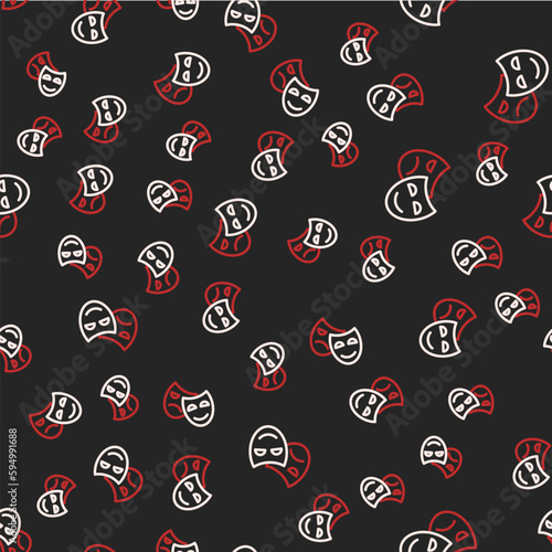 Line Comedy and tragedy theatrical masks icon isolated seamless pattern on black background. Vector
