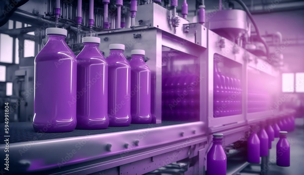 belt or line in fresh violet beverage with modern automated industrial machine equipment, Bottling plant and colorful juice beverage plastic bottle in factory, AI generative belt or line in fresh violet beverage with modern automated industrial machine equipment, Bottling plant and colorful juice beverage plastic bottle in factory, AI generative