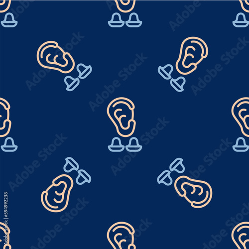 Line Earplugs and ear icon isolated seamless pattern on blue background. Ear plug sign. Noise symbol. Sleeping quality concept. Vector
