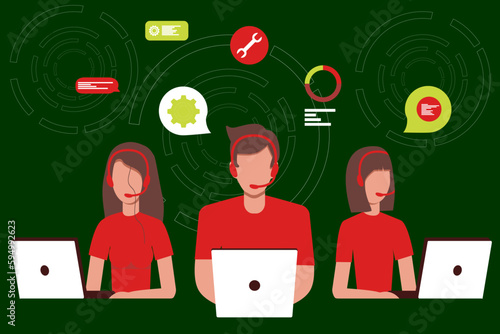 Vector illustration. Customer support, hotline operators advise customers with headsets on computers, 24 7 global online technical support, call center, call processing system.