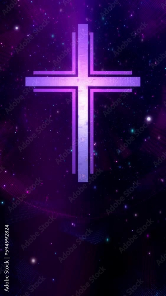 Futuristic Christian cross in ethereal vertical purple cyberspace loop. Concept 3d animation of Roman Catholic scifi crucifix as religious sign of a modern spirituality and faith in the digital world Futuristic Christian cross in ethereal vertical purple cyberspace loop. Concept 3d animation of Roman Catholic scifi crucifix as religious sign of a modern spirituality and faith in the digital world