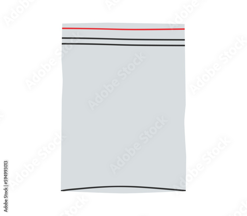 Hand drawn cute cartoon illustration of plastic zipper bag. Flat vector empty ziplock package, environmental pollution design in colored doodle style. Ecology sticker, icon or print. Isolated.