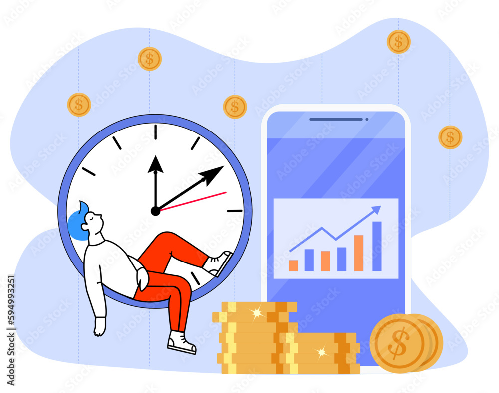 Passive income illustration concept. Earnings on the Internet. Time is money. Vector illustration isolated on white background. Passive income illustration concept. Earnings on the Internet. Time is money. Vector illustration isolated on white background.