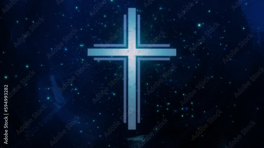 Futuristic Christian cross in ethereal sparkling blue cyberspace loop. Concept 3d animation of Roman Catholic scifi crucifix as religious sign of a modern spirituality and faith in the digital world Futuristic Christian cross in ethereal sparkling blue cyberspace loop. Concept 3d animation of Roman Catholic scifi crucifix as religious sign of a modern spirituality and faith in the digital world