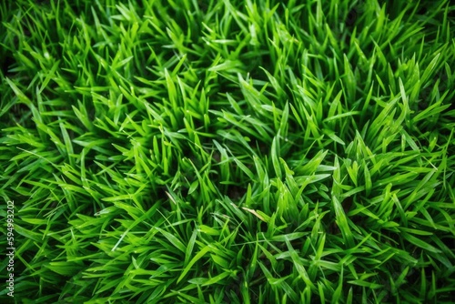 close-up view of vibrant green grass blades in a sunny field. Generative AI