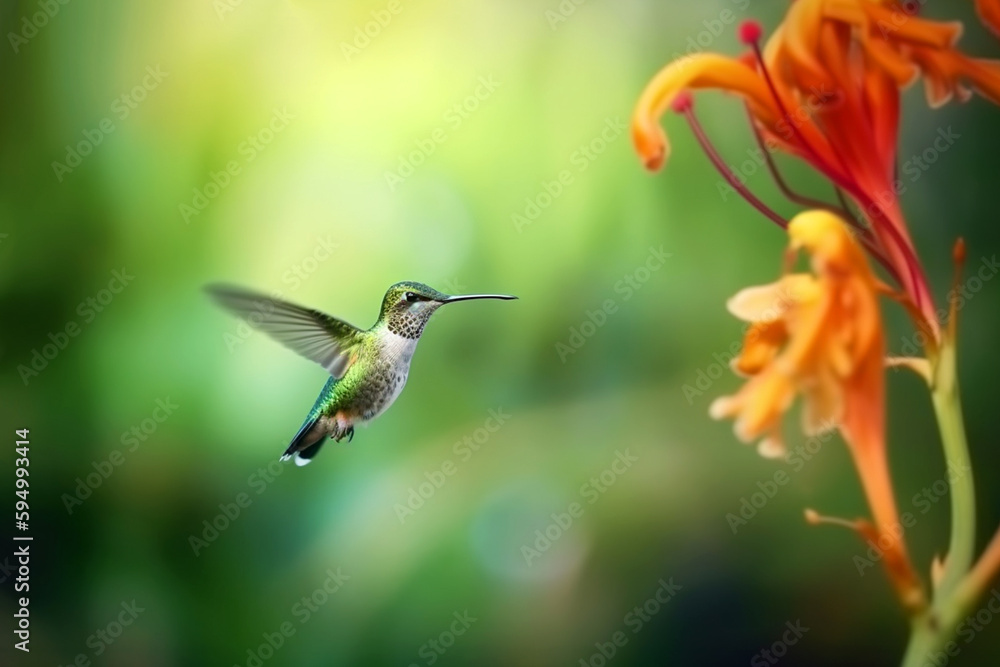 Naklejka premium Hummingbird hovering next to blooming flowers. Beautiful hummingbird sucking nectar in flight. AI generated image