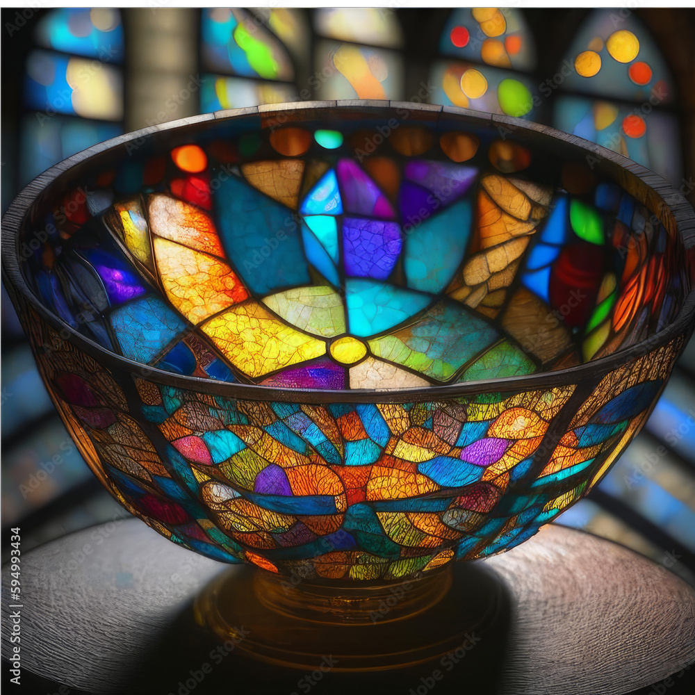Stained glass window with the image and a goblet Stained glass window with the image and a goblet