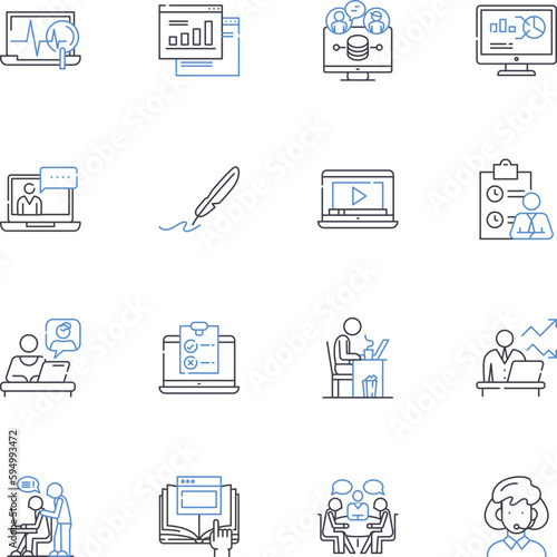 Geographically flexible line icons collection. Nomadic, Relocatable, Mobile, Versatile, Peripatetic, Adaptable, Portable vector and linear illustration. Wandering,Transient,Migratory outline signs set