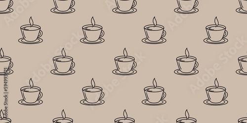 Seamless pattern of coffee cups on beige background, hand drawn digital illustration. For textile, fabric, wallpapers, backgrounds, party supplies, product packaging, wrapping paper, restaurant menus