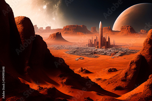 Mars surface  alien planet landscape. Space game background with orange ground  mountains  stars  Saturn and Earth in sky.  cartoon fantastic illustration of cosmos and red martian  Generative AI