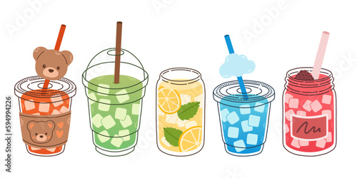 Cold drinks set. Yummy Beverages in Glass or Plastic Cups with Straw, Graphic Design Collection, Cartoon Vector