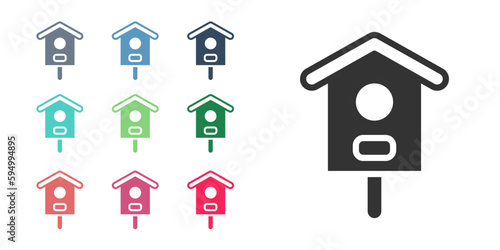 Black Bird house icon isolated on white background. Nesting box birdhouse, homemade building for birds. Set icons colorful. Vector