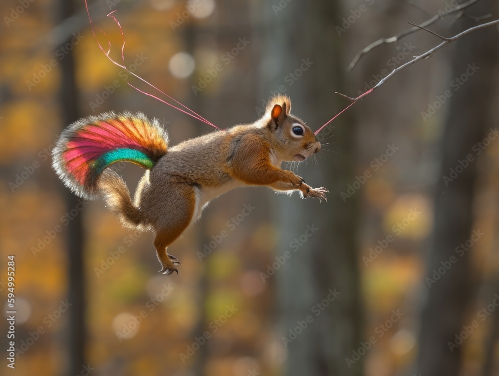 A squirrel flying a kite