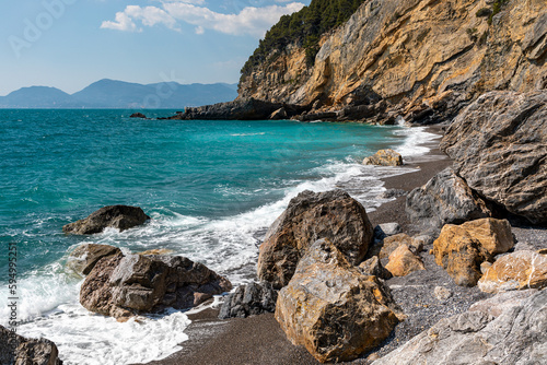 Summer view of natural beach near Tellaro, Lerici, Liguria, Italy