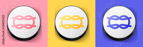 Isometric Nautical rope knots icon isolated on pink, yellow and blue background. Rope tied in a knot. Square button. Vector