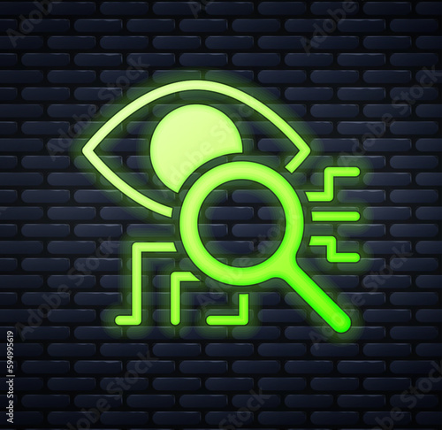 Glowing neon Eye scan icon isolated on brick wall background. Retinal scan. Scanning eye. Security check symbol. Cyber eye sign. Vector