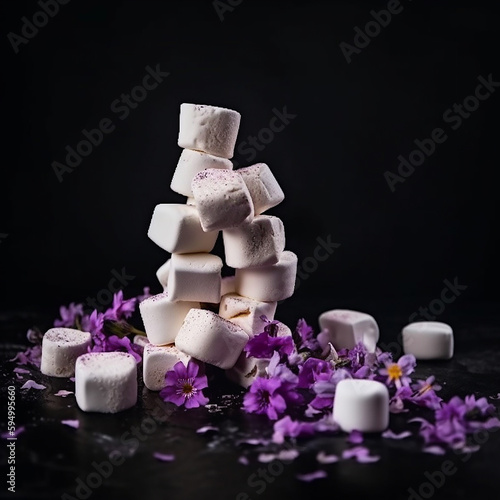 pieces of white marshmallows fall in the air and purple violet flowers on a black background, a beautiful background, an unusual composition, for advertising and packaging design, ai generative