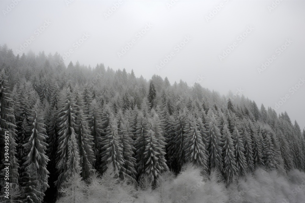 snow-covered pine trees in a winter forest. Generative AI