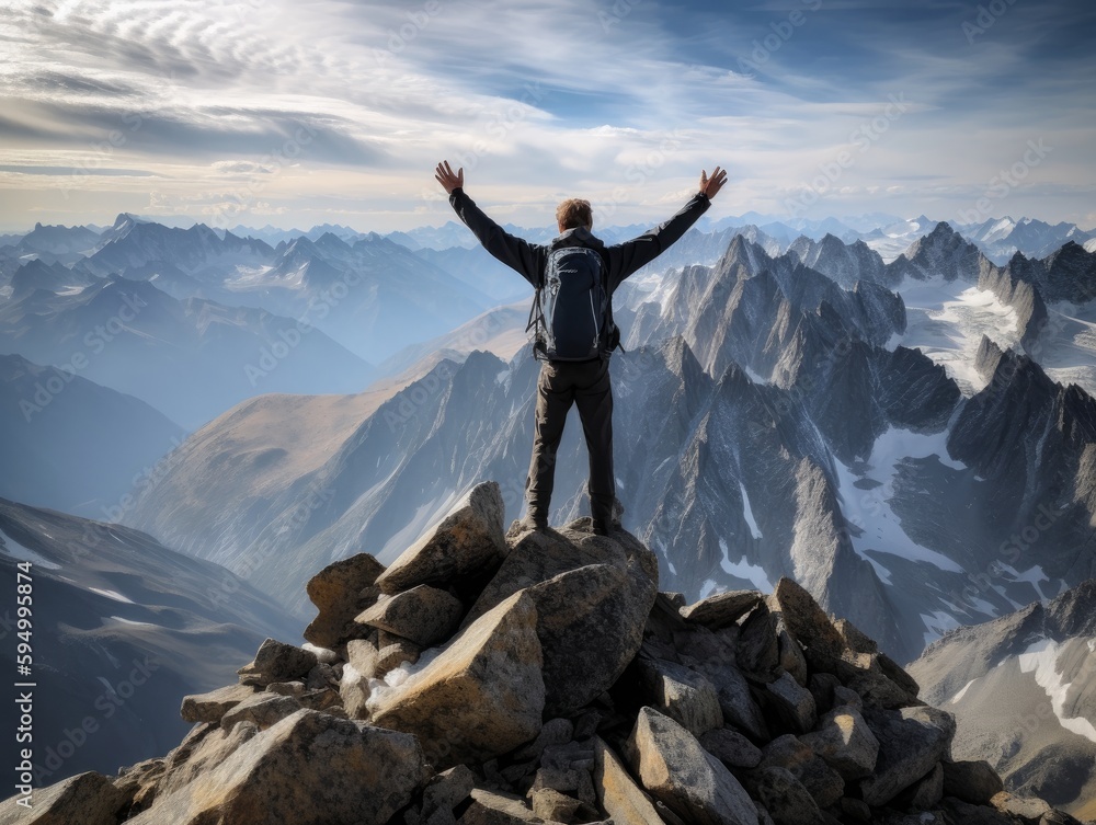 a man celebrates at the top of the mountain. a man celebrates at the top of the mountain.