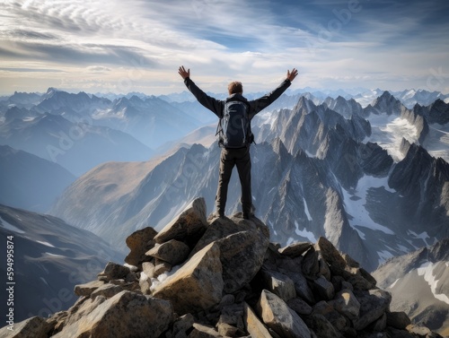 a man celebrates at the top of the mountain.