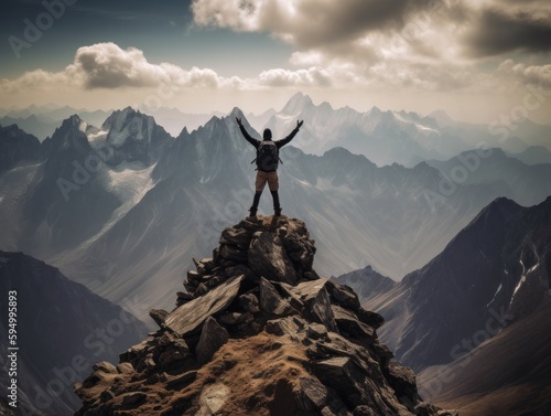 a man celebrates at the top of the mountain.