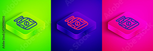 Isometric line Coffee jar bottle icon isolated on green, blue and pink background. Square button. Vector