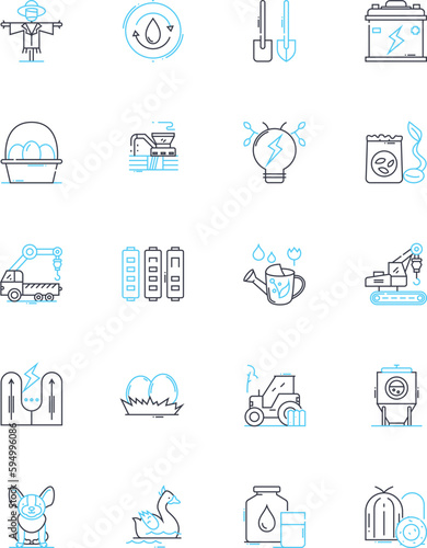 Country fair linear icons set. Carnival, Rides, Games, Food, Agriculture, Livestock, Crafts line vector and concept signs. Exhibits,Music,Dancing outline illustrations
